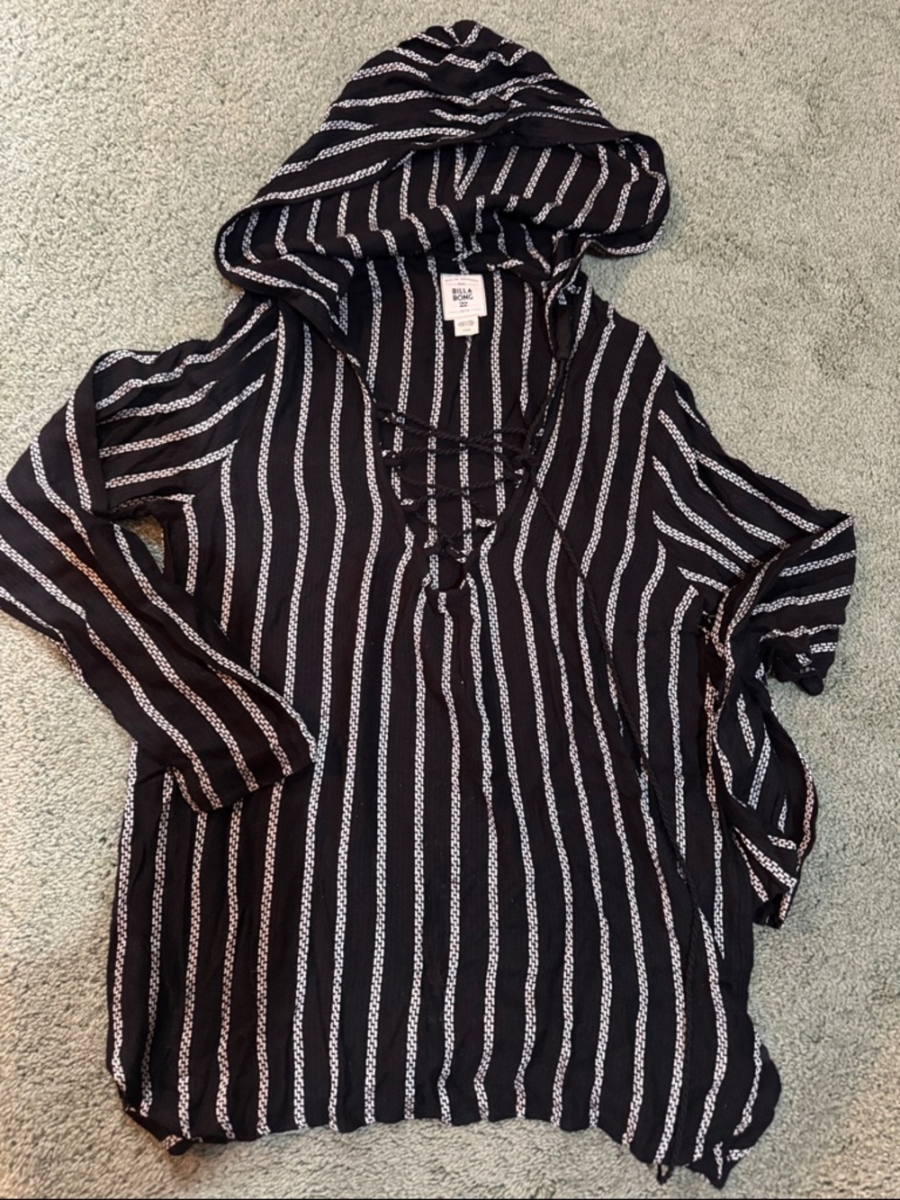 Billabong Black and White Striped Hooded Lace-Up swim cover.